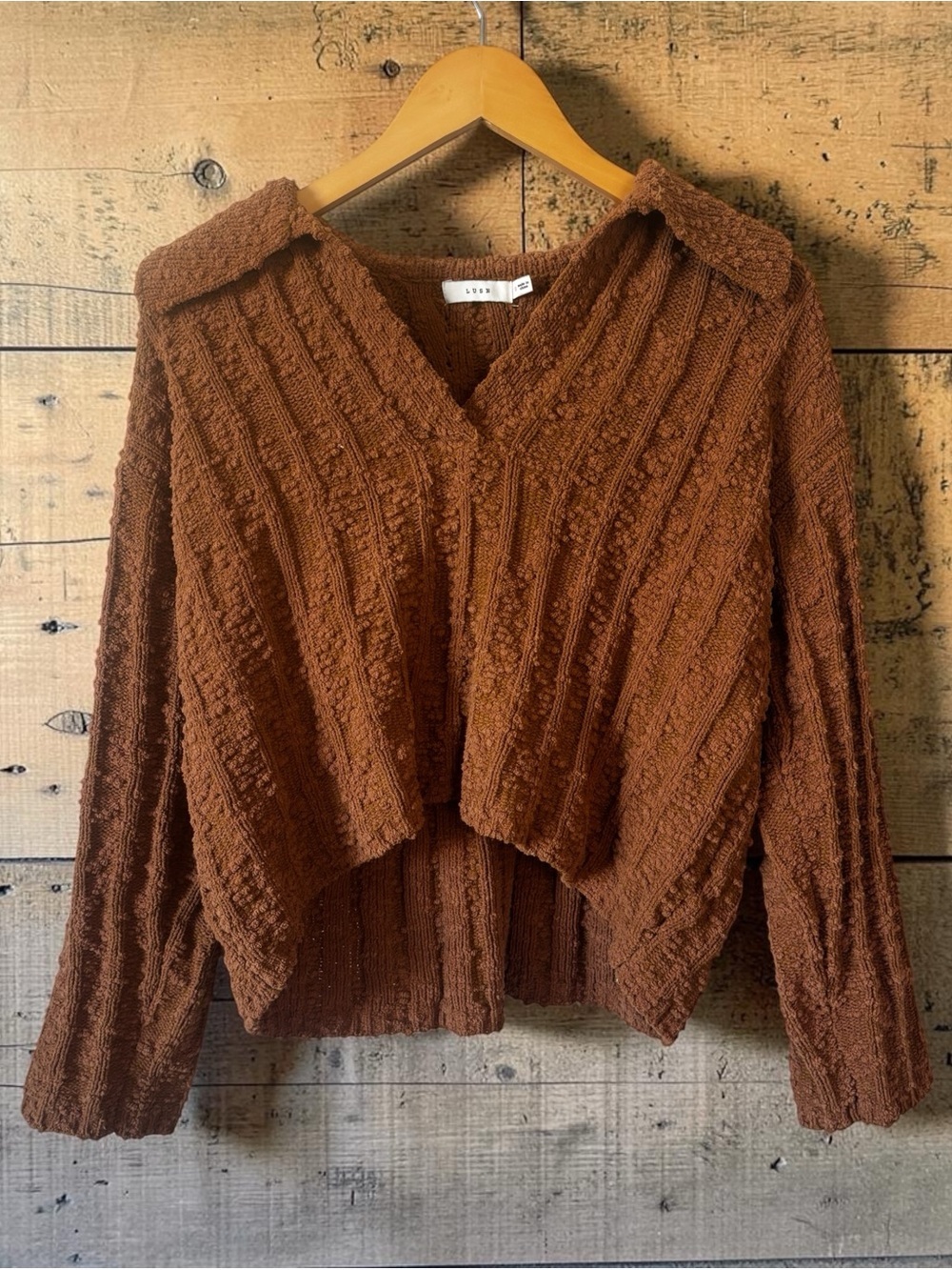 Lush Cropped V-Neck Sweater in Rust Brown
